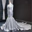 Elegant Silver Evening Dresses  2019 Trumpet / Mermaid Scoop Neck Beading Long Sleeve Backless Cathedral Train Formal Dresses