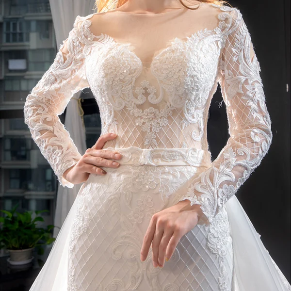 Luxury / Gorgeous Ivory Wedding Dresses 2019 Trumpet / Mermaid Scoop Neck Beading Sequins Lace Flower Long Sleeve Backless Detachable Chapel Train
