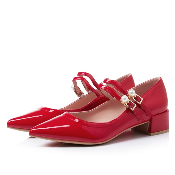 Härlig Pärla Rosa Tidsbeställning Damskor 2019 Lackläder Pärla Spänne 4 cm Låg Klack Spetsiga Pumps