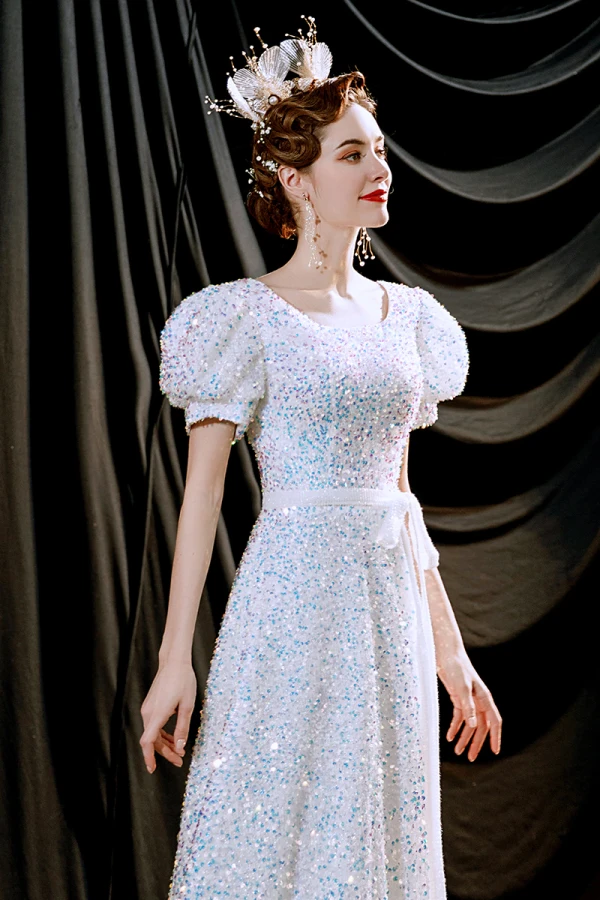 Scintillantes Blanche Robe De Soirée 2021 Princesse Encolure Dégagée Paillettes Manches Courtes Dos Nu Longue Robe De Ceremonie