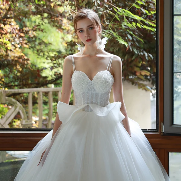 Chic / Beautiful Ivory Wedding Dresses 2019 A-Line / Princess Spaghetti Straps Pearl Lace Flower Sleeveless Backless Floor-Length / Long