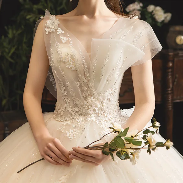 Classy Champagne Wedding Dresses 2019 Ball Gown V-Neck Sequins Lace Flower Sleeveless Backless Court Train