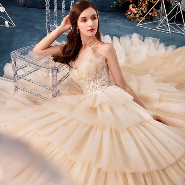 High-end Champagne Wedding Dresses 2019 Ball Gown Spaghetti Straps Beading Sequins Lace Flower Sleeveless Backless Cascading Ruffles Royal Train