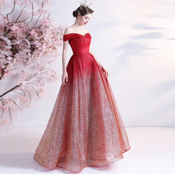 Scintillantes Sexy Dégradé De Couleur Rouge Robe De Bal 2021 Princesse De l'épaule Glitter Paillettes Sans Manches Dos Nu Longue Robe De Ceremonie