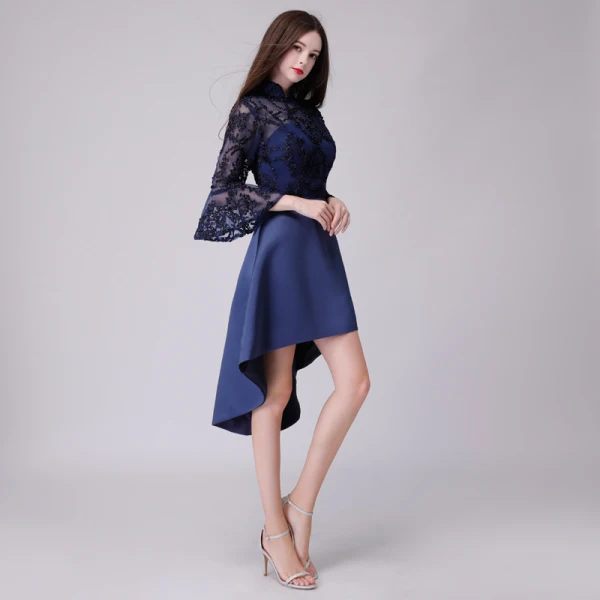 Chic / Belle de retour Kaki Robe De Graduation 2018 Princesse Noeud En Dentelle Asymétrique Col Haut 3/4 Manches Robe De Ceremonie