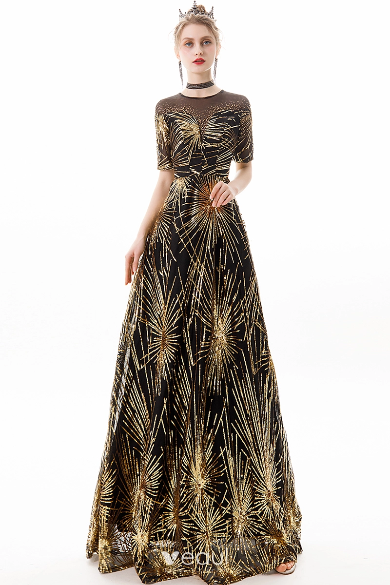 Honey Couture MATILDA Black & Gold Sequin Mermaid Formal Dress