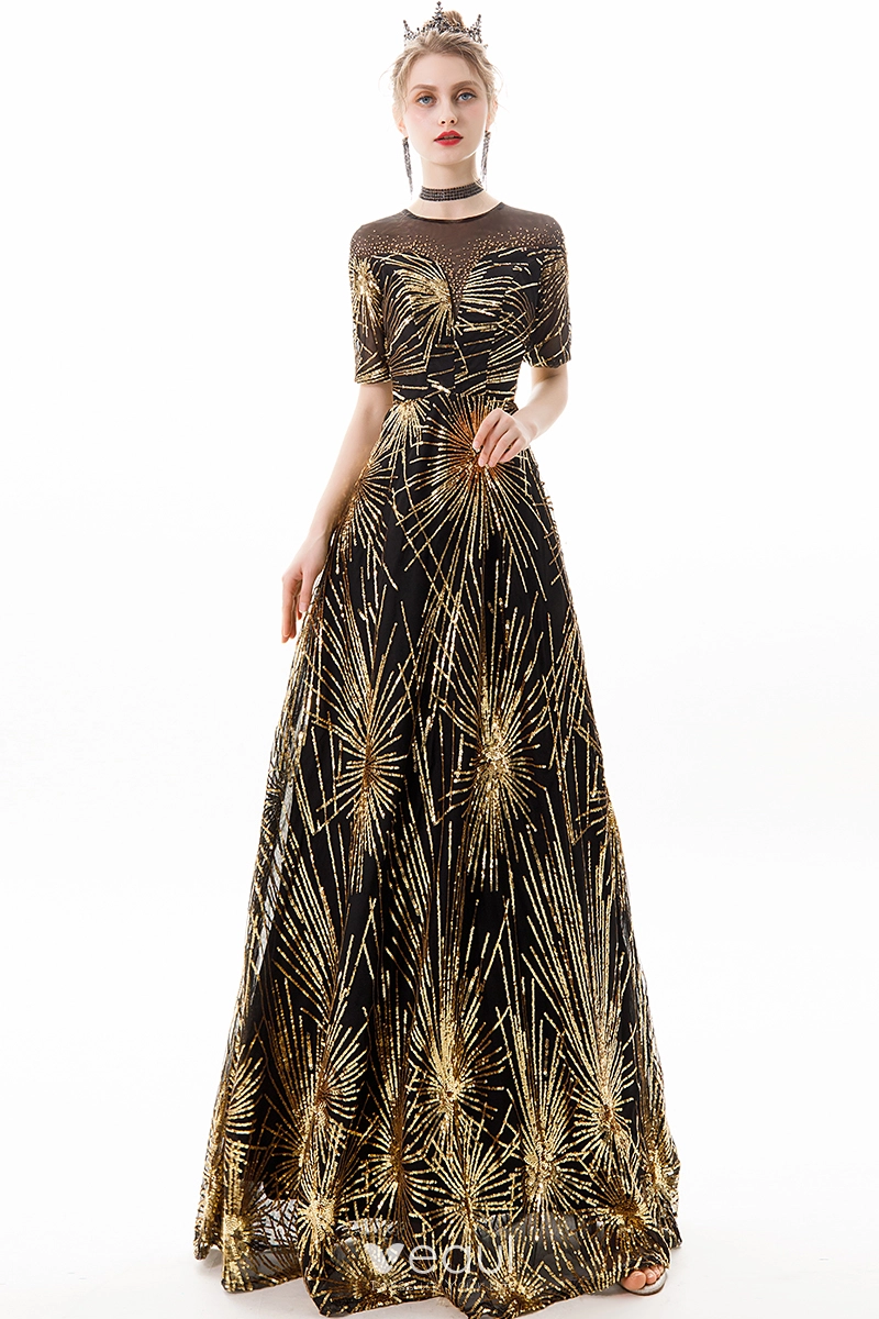 Chic Beautiful Black Gold Evening Dresses 2019 A Line Princess Scoop Neck Sequins Rhinestone Short Sleeve