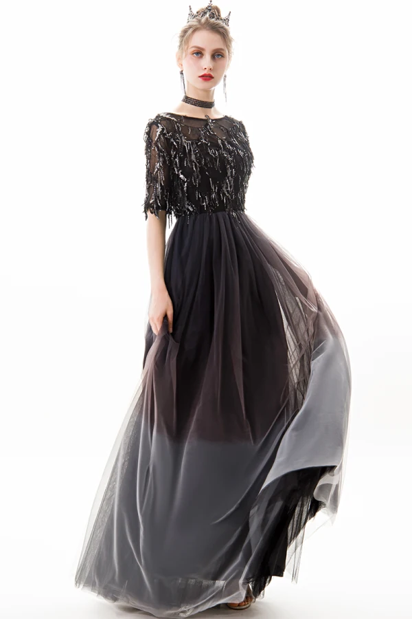 Chic / Belle Noire Argenté Robe De Soirée 2019 Princesse Encolure Dégagée Paillettes Gland 1/2 Manches Longue Robe De Ceremonie