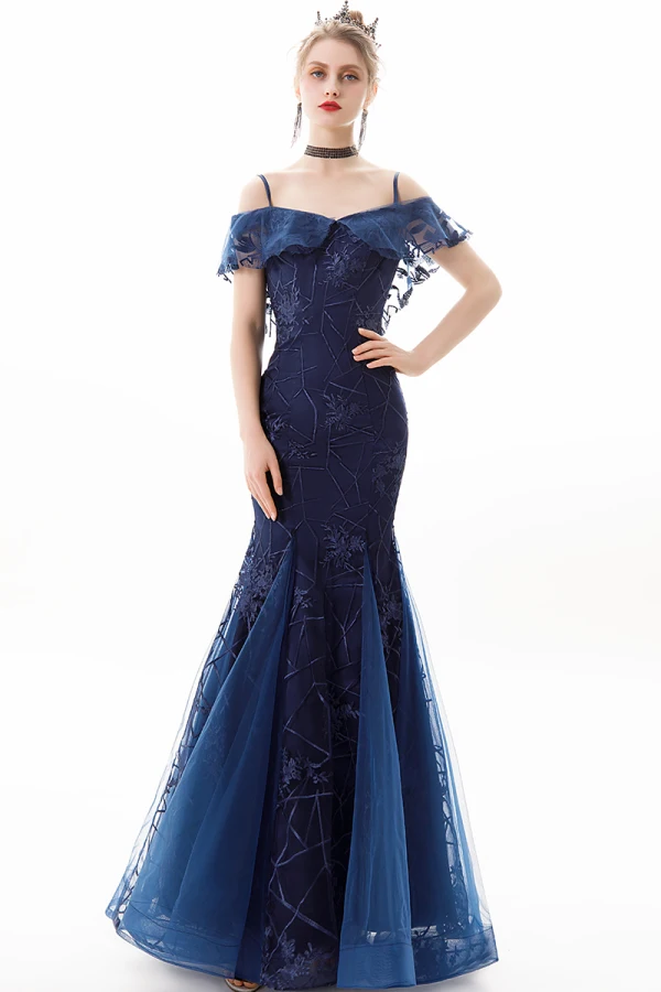 Charmant Bleu Marine Robe De Soirée 2019 Trompette / Sirène De l'épaule En Dentelle Fleur Manches Courtes Dos Nu Longue Robe De Ceremonie