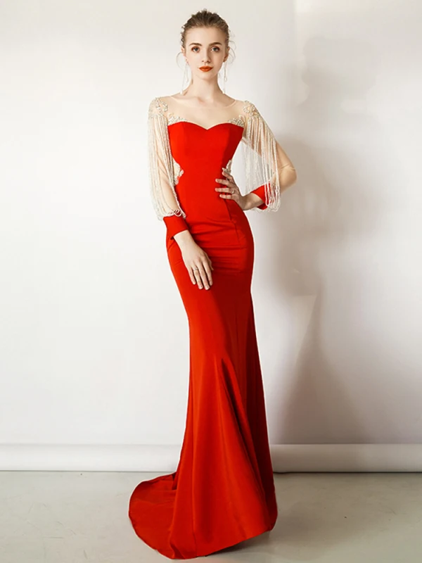 Luxury / Gorgeous Red Evening Dresses  2019 Trumpet / Mermaid Scoop Neck Lace Flower Long Sleeve Beading Tassel Sweep Train Formal Dresses