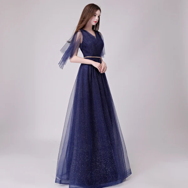 Chic / Belle Bleu Marine Robe De Soirée 2018 Princesse Glitter Métal Ceinture V-Cou Dos Nu 1/2 Manches Longue Robe De Ceremonie