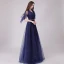 Chic / Belle Bleu Marine Robe De Soirée 2018 Princesse Glitter Métal Ceinture V-Cou Dos Nu 1/2 Manches Longue Robe De Ceremonie