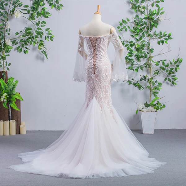 Charming Ivory Wedding Dresses 2023 Trumpet / Mermaid Off-The-Shoulder Lace Flower Long Sleeve Backless Chapel Train