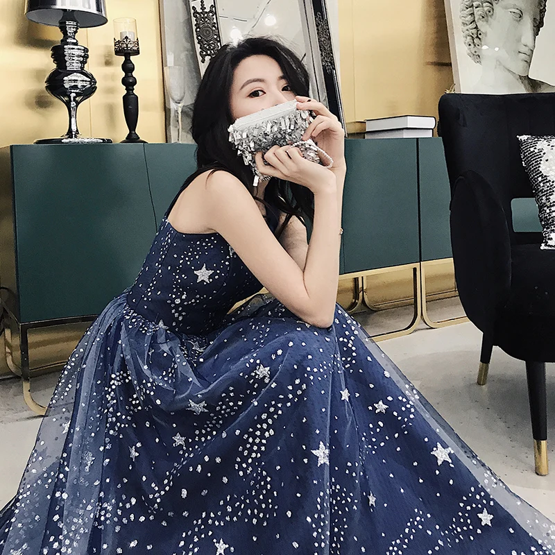 Navy Blue Blue And White Star Dress Charming Navy Blue Starry Sky Evening Dresses 2019 A- Navy Blue Blue And White Star Dress Charming Navy Blue Starry Sky Evening Dresses 2019 A-