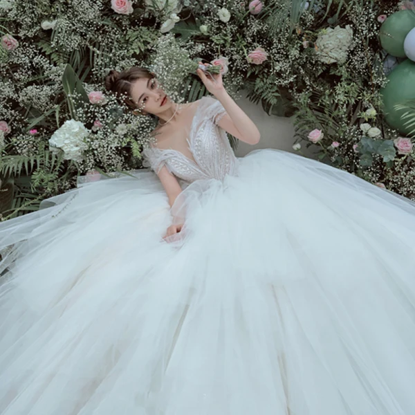 Luxury / Gorgeous White Wedding Dresses Ball Gown 2021 Scoop Neck Beading Pearl Short Sleeve Backless Royal Train Wedding