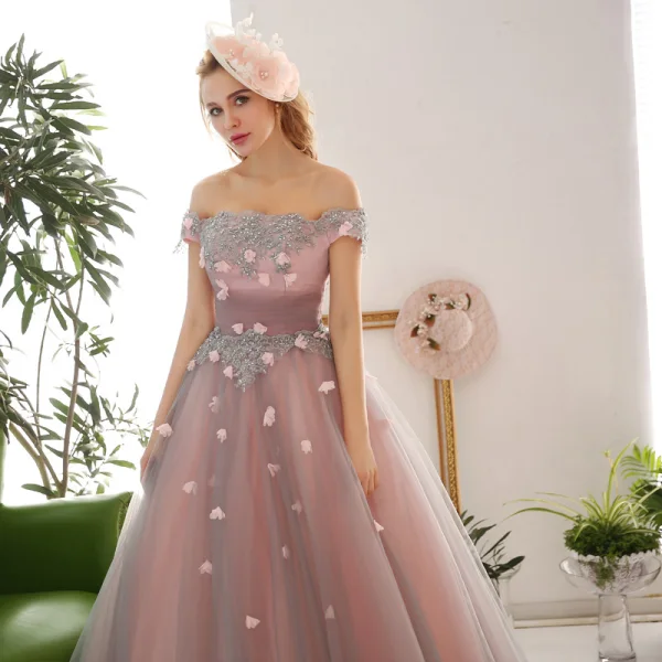 Vintage / Retro Blushing Pink Prom Dresses 2018 Ball Gown Appliques Beading Crystal Sequins Off-The-Shoulder Backless Sleeveless Floor-Length / Long Formal Dresses