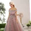 Vintage / Retro Blushing Pink Prom Dresses 2018 Ball Gown Appliques Beading Crystal Sequins Off-The-Shoulder Backless Sleeveless Floor-Length / Long Formal Dresses