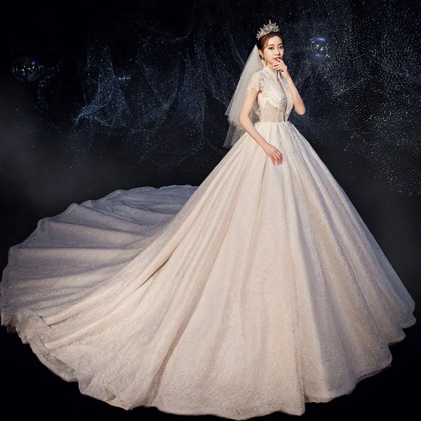 Fabulous Champagne Wedding Dresses 2019 A-Line / Princess High Neck Beading Sequins Lace Flower Short Sleeve Royal Train