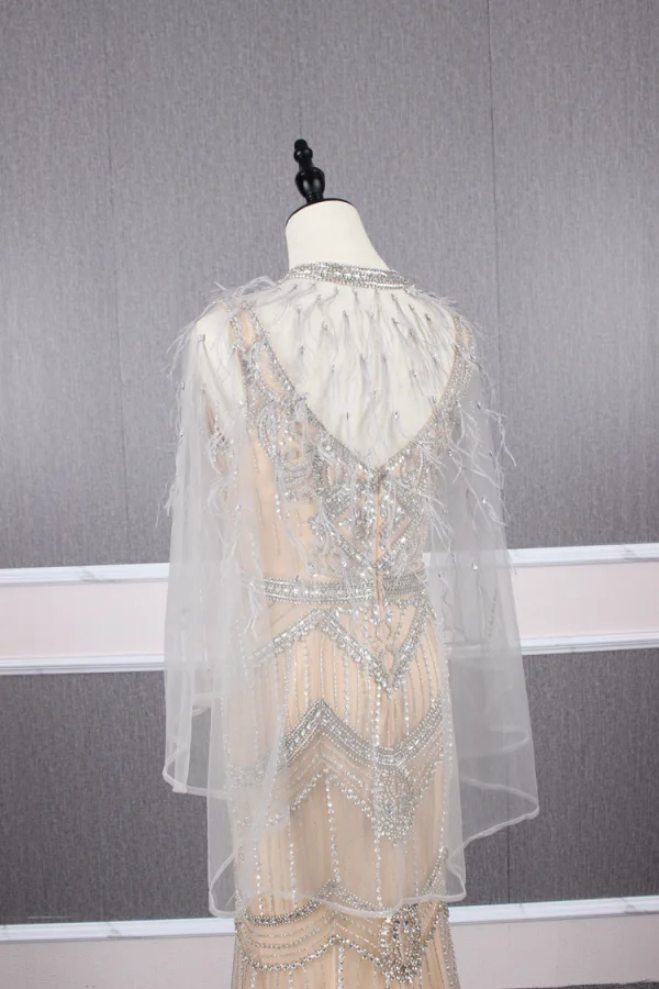 Haut de Gamme Champagne Détachable Avec Châle Robe De Soirée 2019 Trompette / Sirène V-Cou Fait main Perlage Cristal Faux Diamant Sans Manches Dos Nu Train De Balayage Robe De Ceremonie