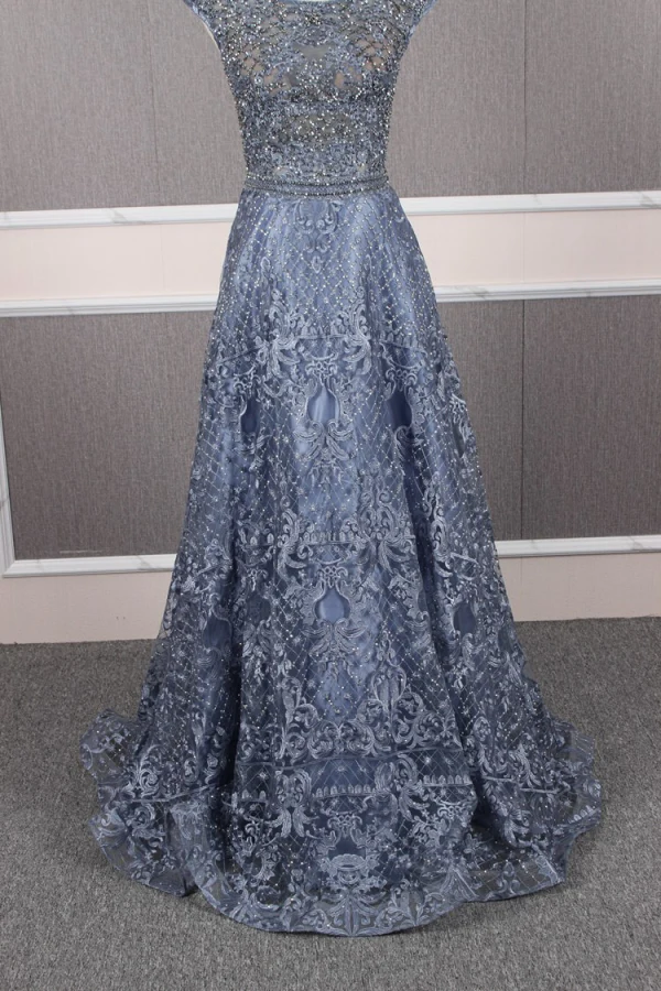 Haut de Gamme Océan Bleu Robe De Soirée 2019 Princesse Encolure Dégagée Fait main Perlage Cristal Faux Diamant En Dentelle Fleur Sans Manches Longue Robe De Ceremonie
