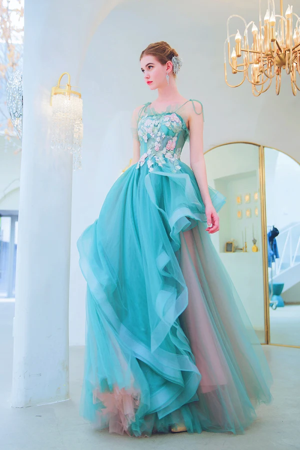 Charming Jade Green Evening Dresses 2019 A-Line / Princess Spaghetti Straps Pearl Rhinestone Lace Flower Sleeveless Backless Floor-Length / Long Formal Dresses