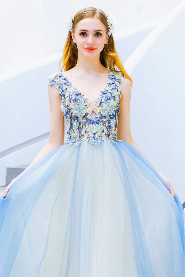 Modern / Fashion Sky Blue Evening Dresses 2019 A-Line / Princess V-Neck Beading Pearl Rhinestone Lace Flower Sleeveless Backless Sweep Train Formal Dresses
