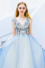 Modern / Fashion Sky Blue Evening Dresses  2019 A-Line / Princess V-Neck Beading Pearl Rhinestone Lace Flower Sleeveless Backless Sweep Train Formal Dresses