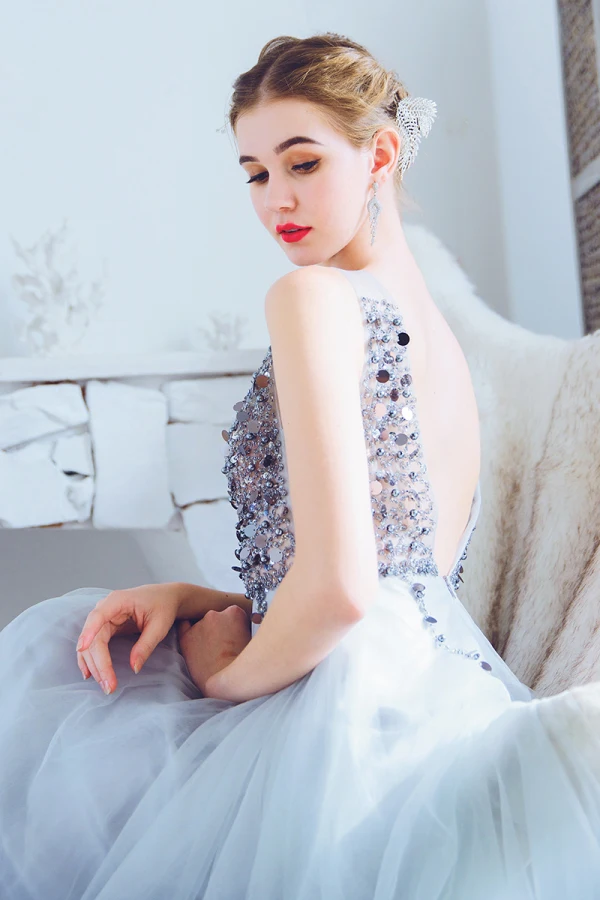 Charming Silver Evening Dresses  2019 A-Line / Princess V-Neck Beading Sequins Sleeveless Backless Floor-Length / Long Formal Dresses