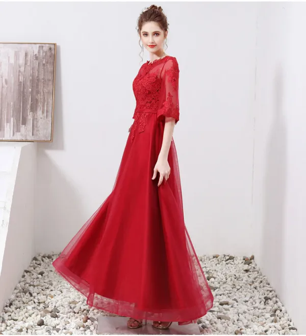 Chic / Beautiful Burgundy Evening Dresses 2019 A-Line / Princess Scoop Neck Appliques Lace Sash 1/2 Sleeves Floor-Length / Long Formal Dresses