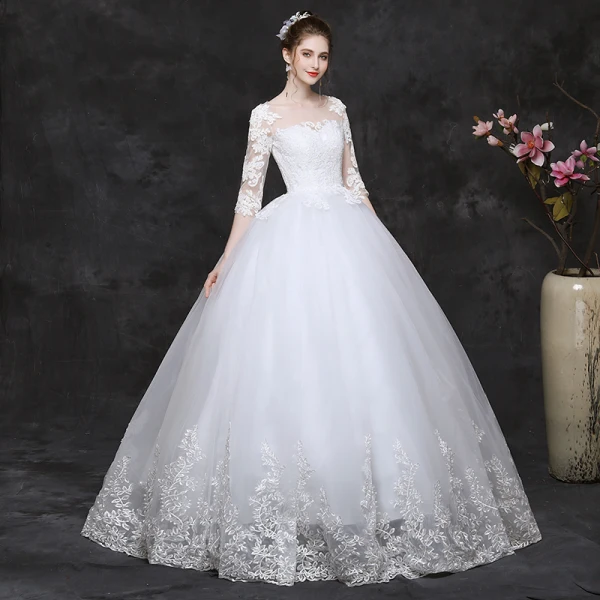 Classy White Pregnant Wedding Dresses 2019 Ball Gown Scoop Neck Appliques Lace 1/2 Sleeves Backless Floor-Length / Long