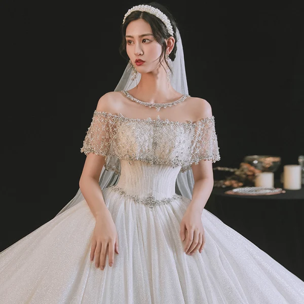 Luxury / Gorgeous Sexy White Wedding Dresses 2021 Ball Gown Scoop Neck Beading Rhinestone Short Sleeve Backless Royal Train Wedding