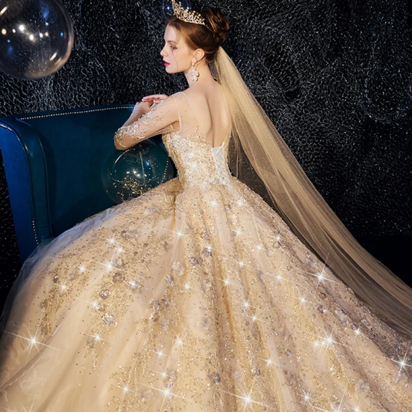 High-end Champagne Wedding Dresses 2019 A-Line / Princess Scoop Neck Beading Appliques Lace Flower Rhinestone 3/4 Sleeve Backless Glitter Royal Train
