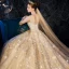 High-end Champagne Wedding Dresses 2019 A-Line / Princess Scoop Neck Beading Appliques Lace Flower Rhinestone 3/4 Sleeve Backless Glitter Royal Train