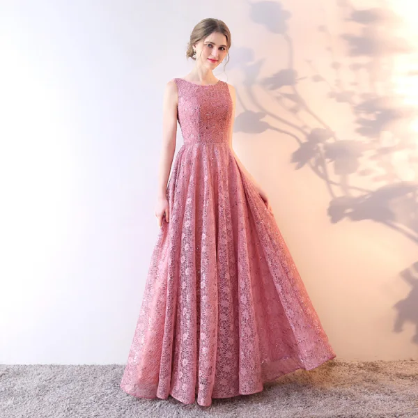 Chic / Belle Perle Rose Robe De Soirée 2019 Princesse Encolure Dégagée Paillettes En Dentelle Fleur Sans Manches Longue Robe De Ceremonie