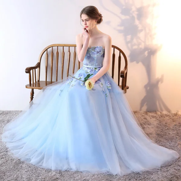 Chic / Belle Bleu Ciel Robe De Soirée 2019 Princesse Bustier Perlage Perle Paillettes Appliques En Dentelle Fleur Sans Manches Dos Nu Longue Robe De Ceremonie