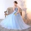 Chic / Belle Bleu Ciel Robe De Soirée 2019 Princesse Bustier Perlage Perle Paillettes Appliques En Dentelle Fleur Sans Manches Dos Nu Longue Robe De Ceremonie