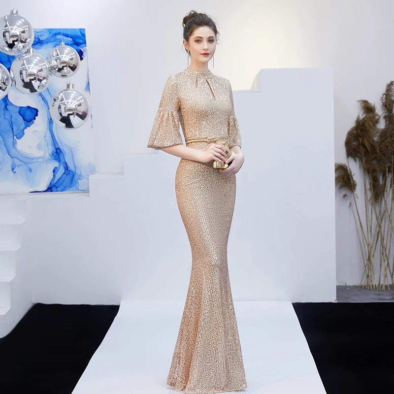sachin and babi light blue dress Off the Shoulder Mermaid Champagne Satin Long Prom Dress with High Sli –  abcprom main image 1