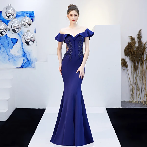 Charmant Couleur Unie Bleu Marine Robe De Soirée 2019 Trompette / Sirène De l'épaule Perlage Paillettes En Dentelle Fleur Manches Courtes Dos Nu Longue Robe De Ceremonie