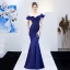 Charmant Couleur Unie Bleu Marine Robe De Soirée 2019 Trompette / Sirène De l'épaule Perlage Paillettes En Dentelle Fleur Manches Courtes Dos Nu Longue Robe De Ceremonie