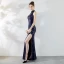 Sexy Bleu Marine Robe De Soirée 2019 Trompette / Sirène Encolure Dégagée Cristal Paillettes Sans Manches Fendue devant Longue Robe De Ceremonie