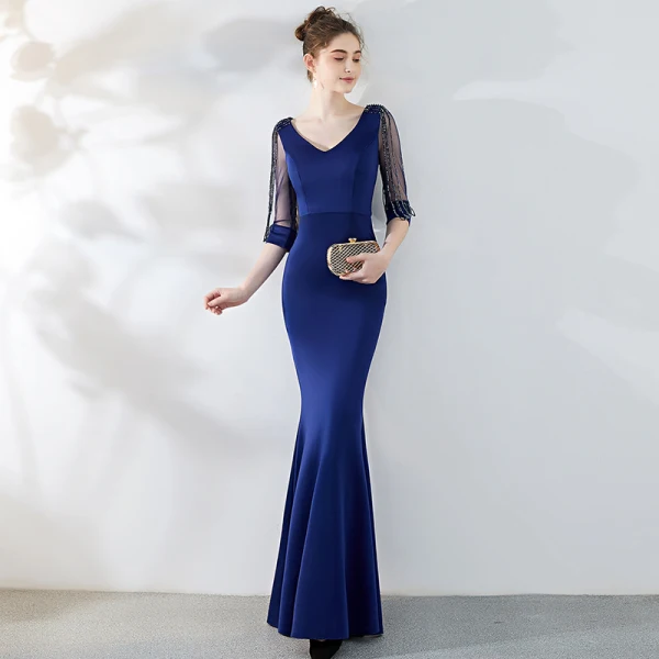 Chic / Beautiful Solid Color Burgundy Evening Dresses 2019 Trumpet / Mermaid V-Neck Beading Tassel 3/4 Sleeve Floor-Length / Long Formal Dresses