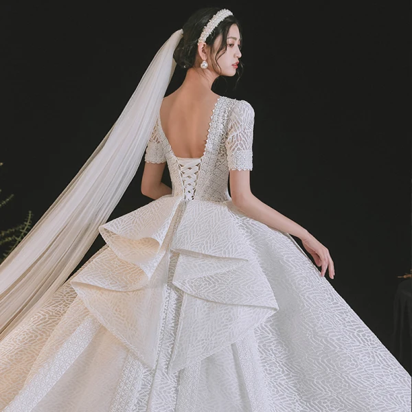 Luxury / Gorgeous White Wedding Dresses 2021 Ball Gown Scoop Neck Beading Pearl Rhinestone Bow Short Sleeve Backless Royal Train Wedding