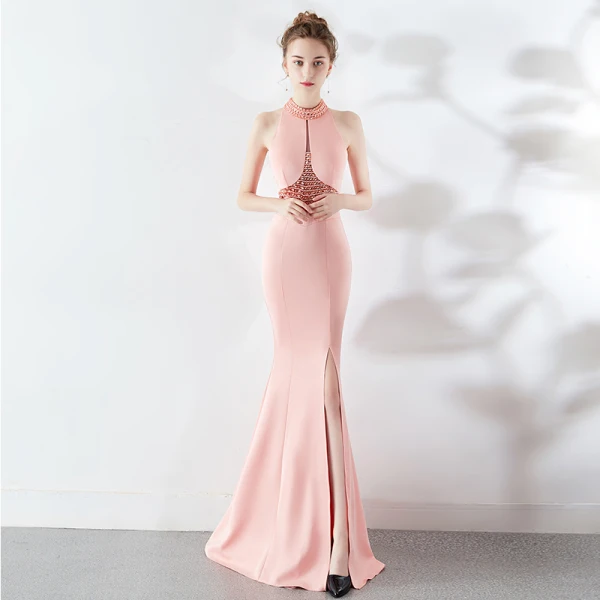 Sexy Black Evening Dresses 2019 Trumpet / Mermaid Halter Beading Pearl Sleeveless Backless Floor-Length / Long Formal Dresses
