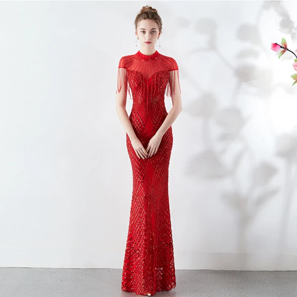 Chic / Beautiful Burgundy Evening Dresses 2019 Trumpet / Mermaid High Neck Beading Tassel Crystal Sequins Short Sleeve Floor-Length / Long Formal Dresses