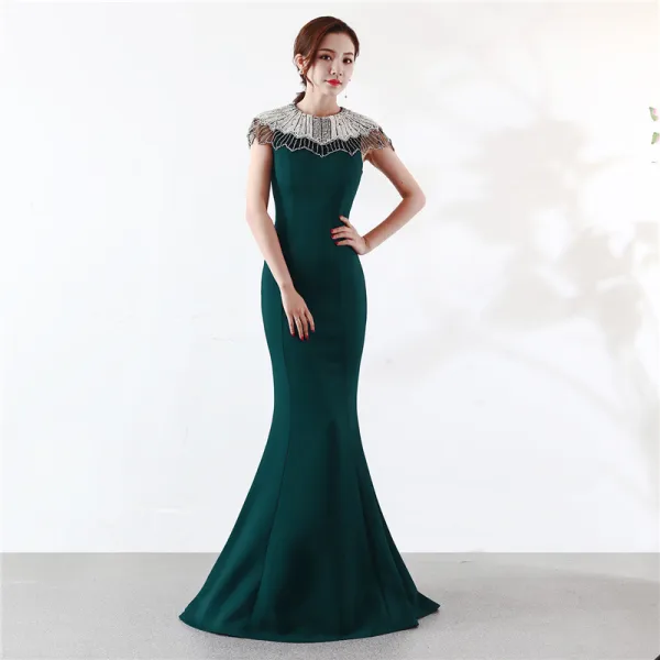 Élégant Champagne Robe De Soirée 2019 Trompette / Sirène Encolure Dégagée Perlage Perle Faux Diamant Sans Manches Longue Robe De Ceremonie