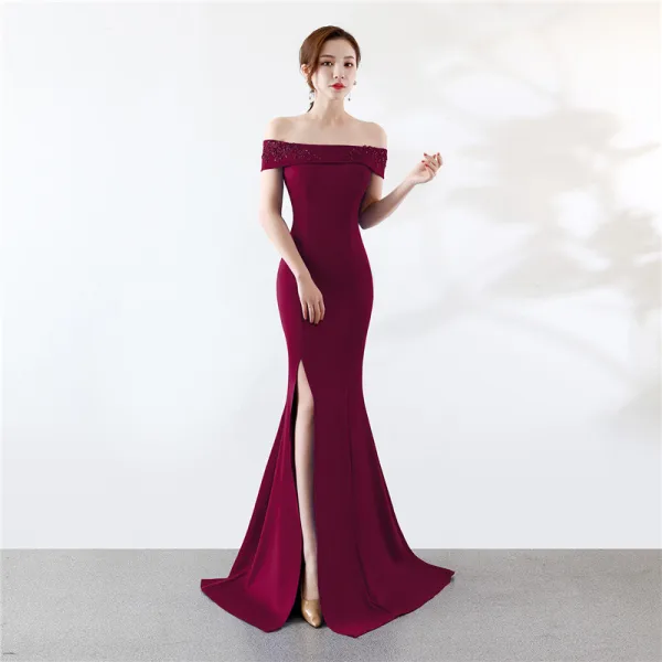 Chic / Belle Couleur Unie Ivoire Robe De Soirée 2019 Trompette / Sirène De l'épaule Faux Diamant En Dentelle Fleur Manches Courtes Dos Nu Fendue devant Longue Robe De Ceremonie