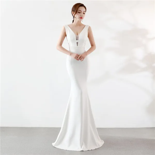 Chic / Belle Bleu Marine Robe De Soirée 2019 Trompette / Sirène V-Cou Perlage Cristal Sans Manches Dos Nu Longue Robe De Ceremonie