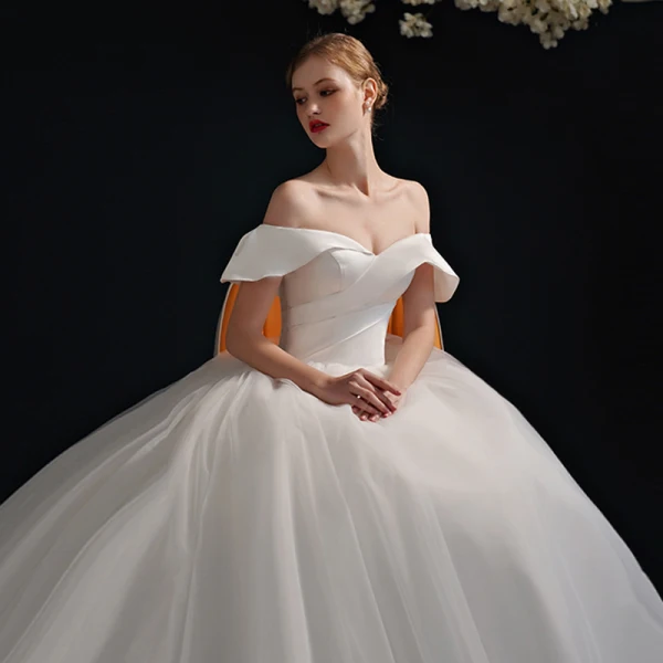 Modest / Simple High-end Ivory Ball Gown Satin Wedding Dresses 2021 Off-The-Shoulder Short Sleeve Backless Royal Train Wedding