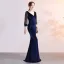 Chic Couleur Unie Bleu Marine Robe De Soirée 2019 Trompette / Sirène Daim V-Cou Perlage Gland 3/4 Manches Longue Robe De Ceremonie