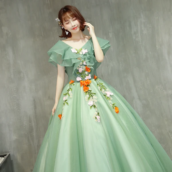 Chic / Beautiful Sage Green Prom Dresses 2019 Ball Gown V-Neck Lace Flower Short Sleeve Backless Floor-Length / Long Formal Dresses